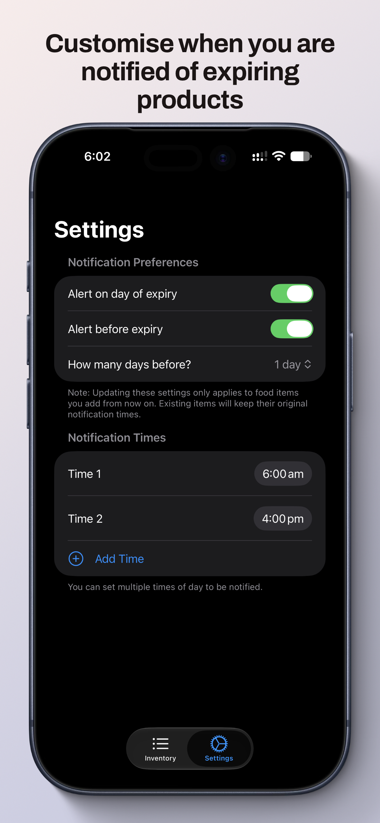 Notification settings screen to set multiple daily reminders