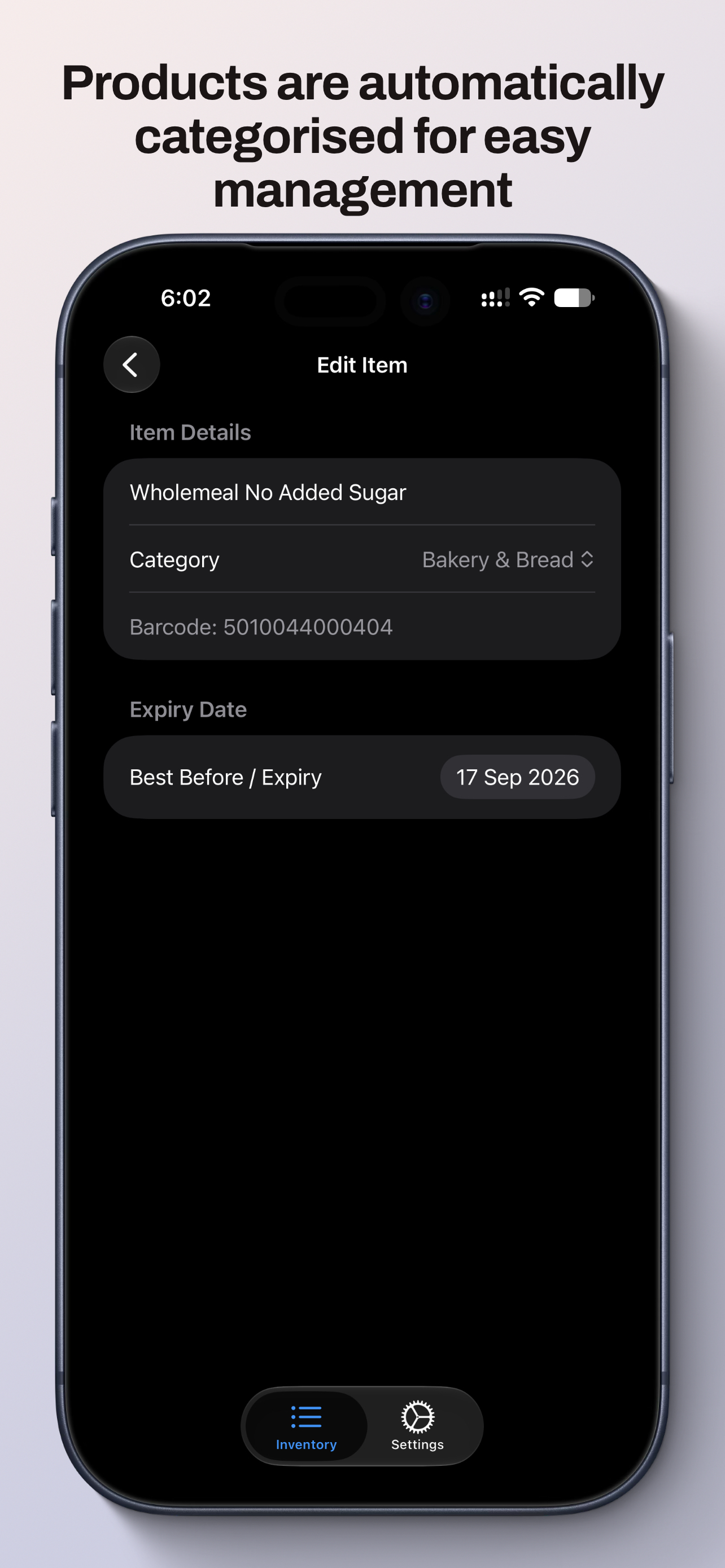 Edit item screen showing categories and expiry dates