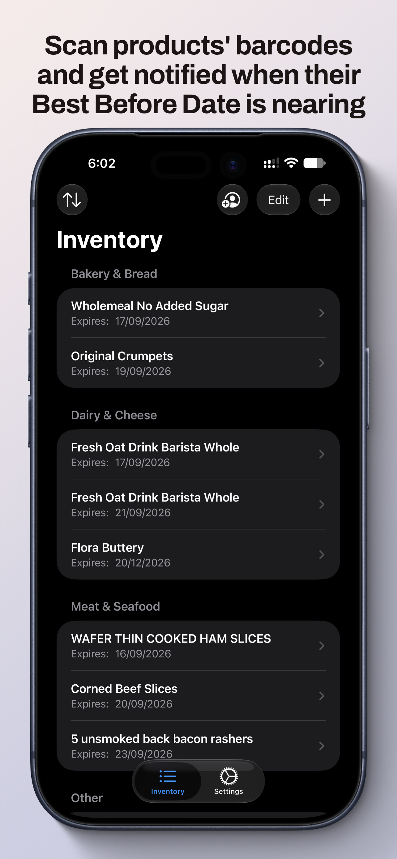 Best Before inventory screen showing food items and their expiry dates