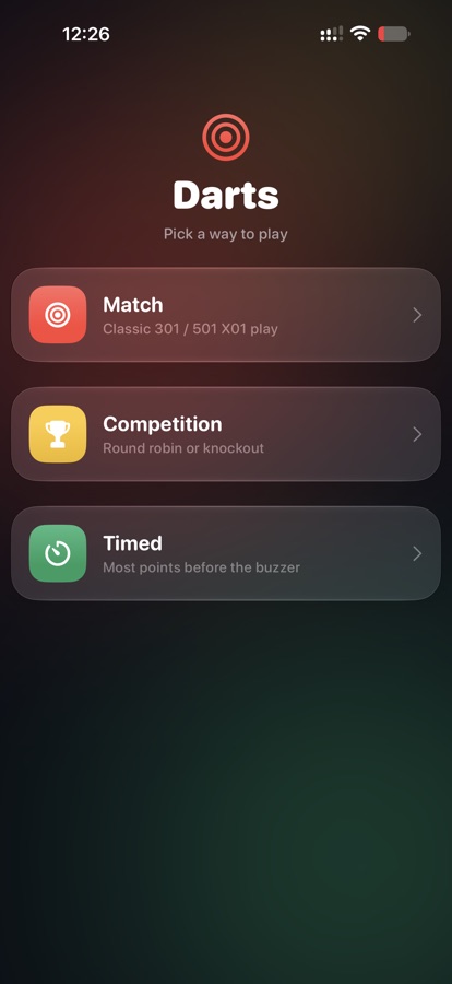 Darts home screen with Match, Competition and Timed play options