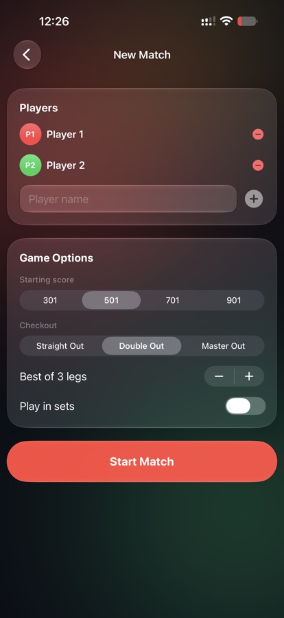 New match setup screen with players, starting score and checkout rules