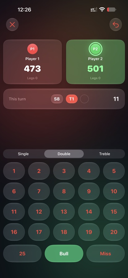 Darts live scoring screen with a digital dartboard keypad