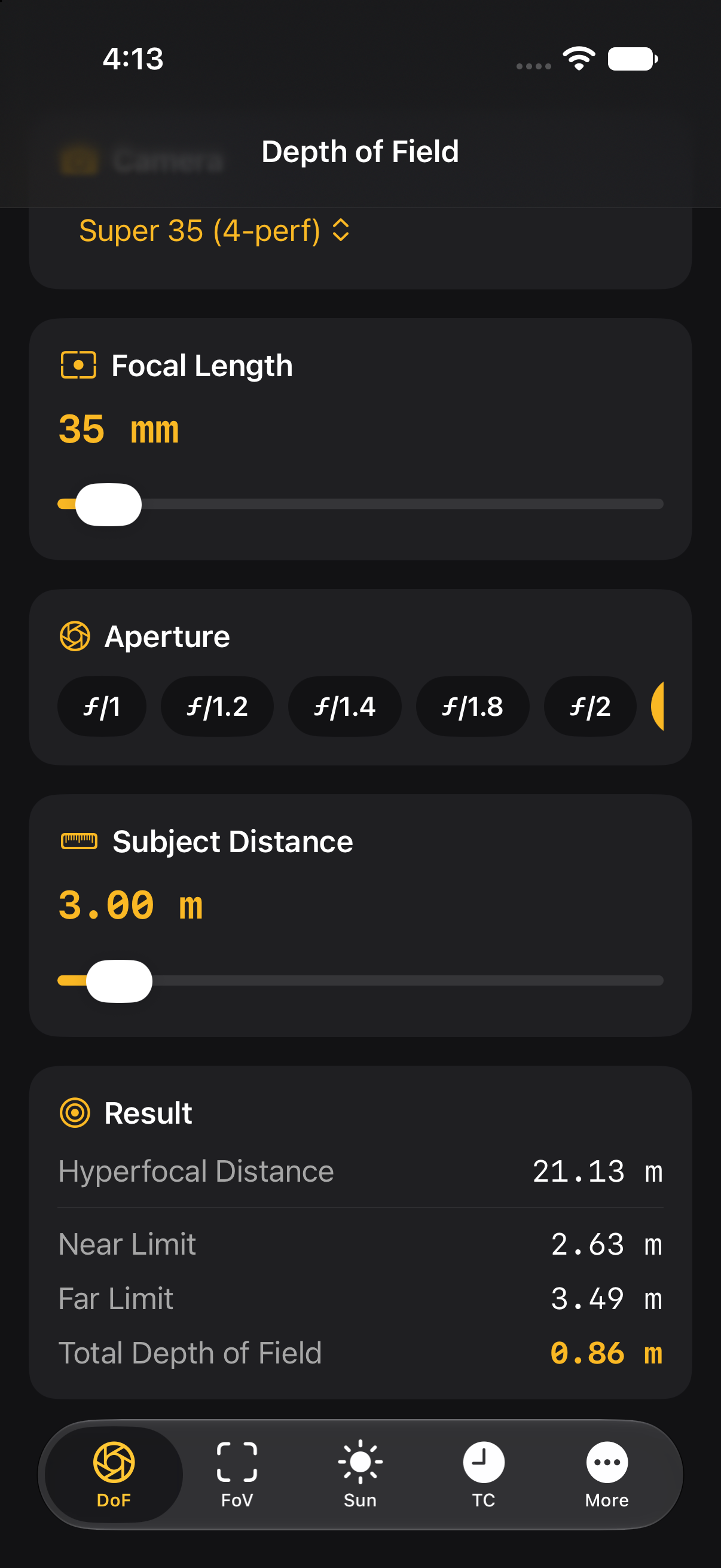 DoP Toolkit depth of field calculator on iPhone