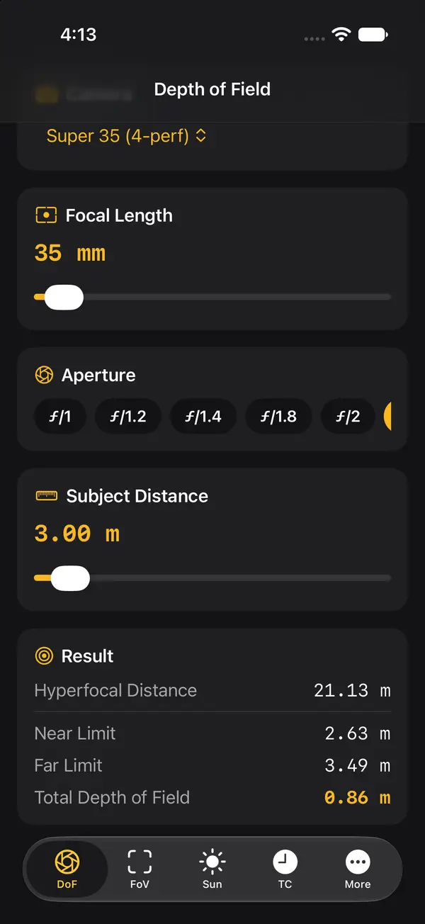 DoP Toolkit depth of field calculator on iPhone