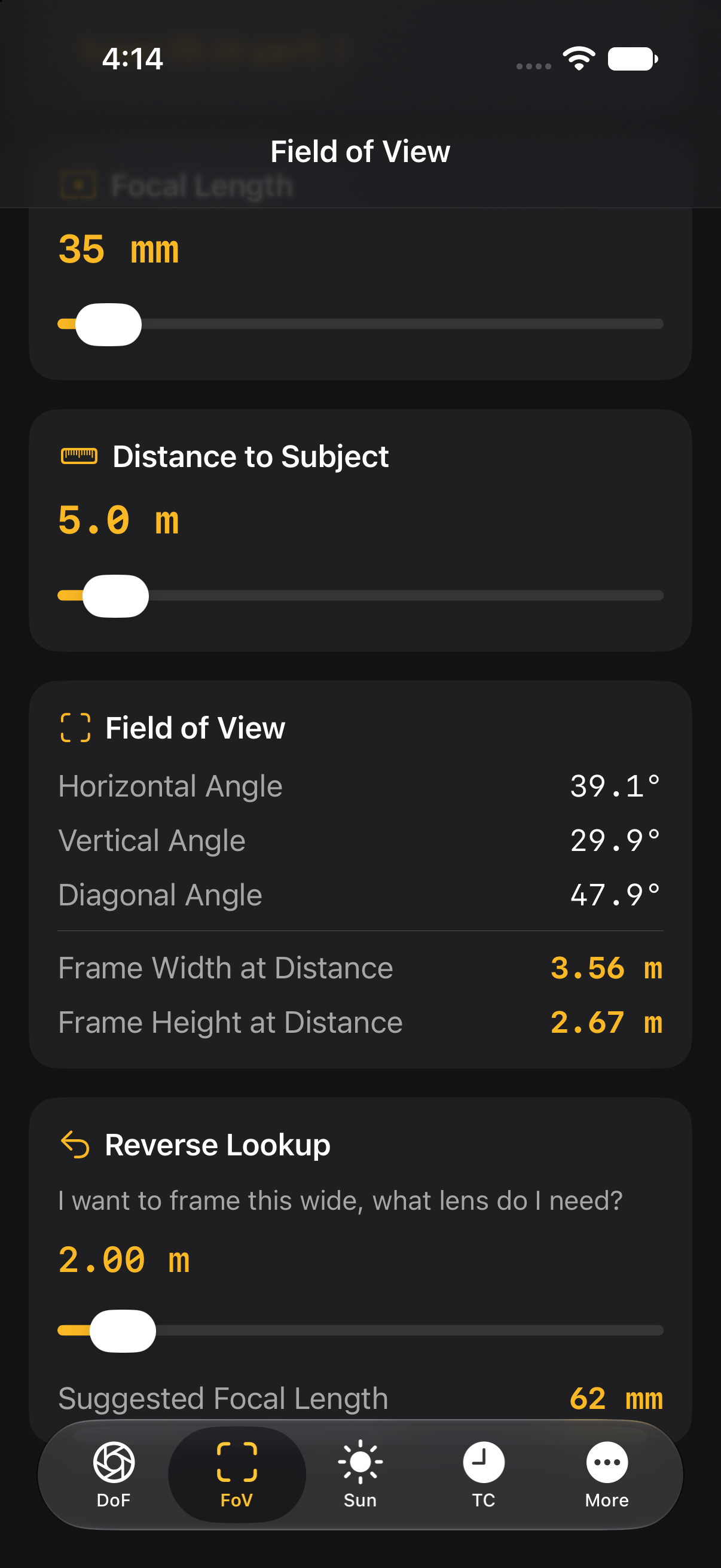 Field of view calculator showing frame angles and dimensions