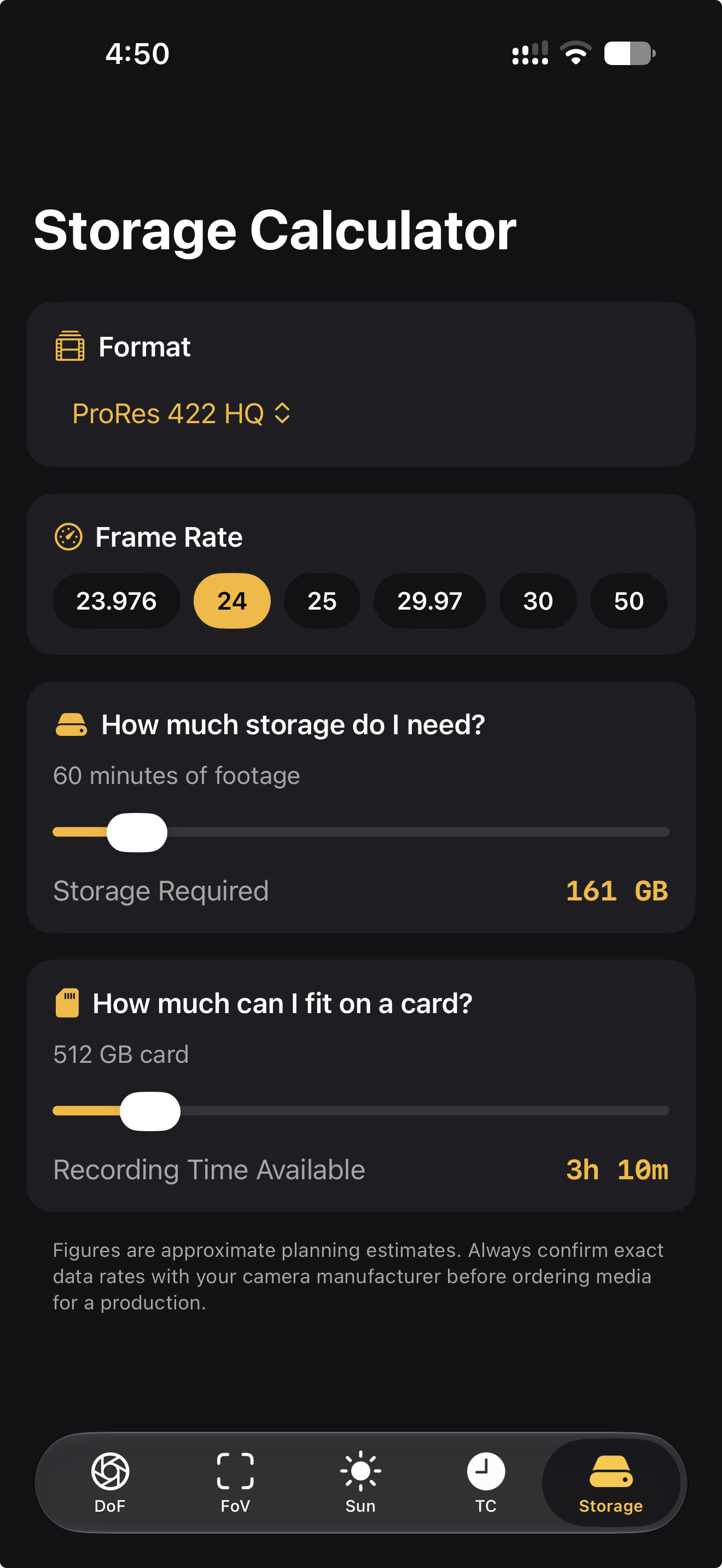Storage calculator for media requirements by codec and frame rate