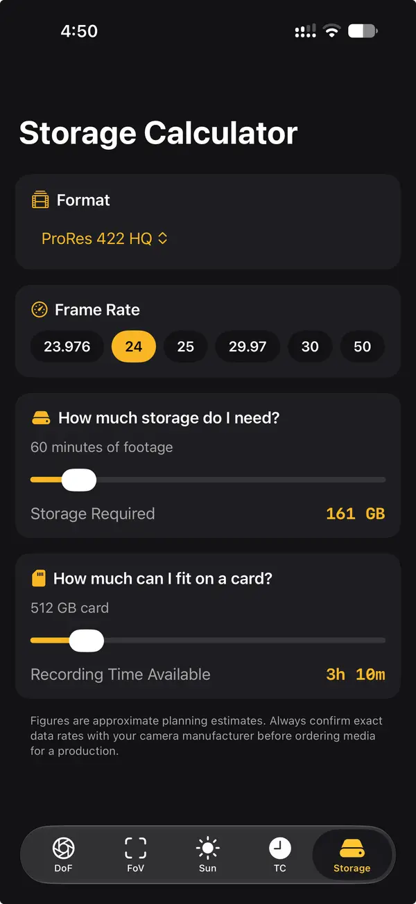 Storage calculator for media requirements by codec and frame rate