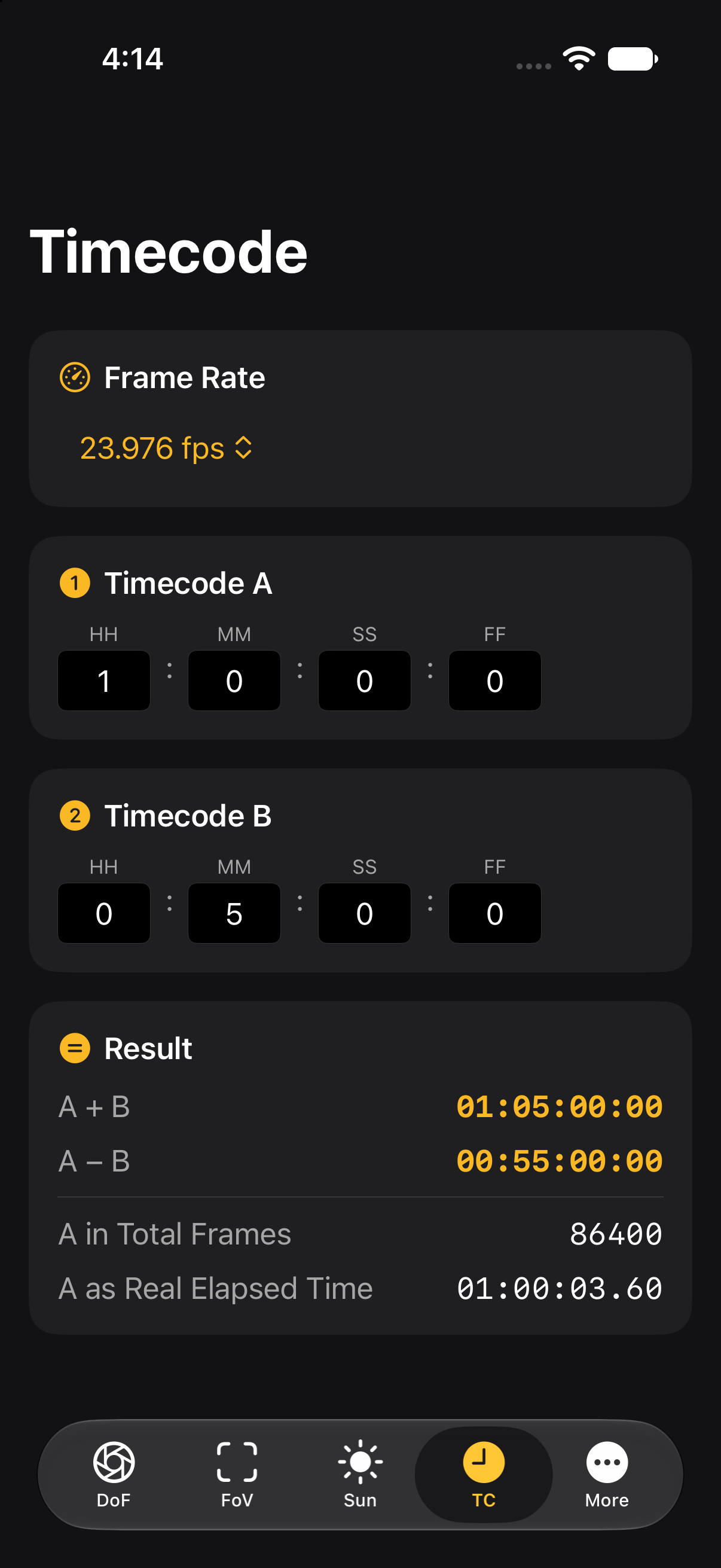 Timecode calculator with drop-frame support