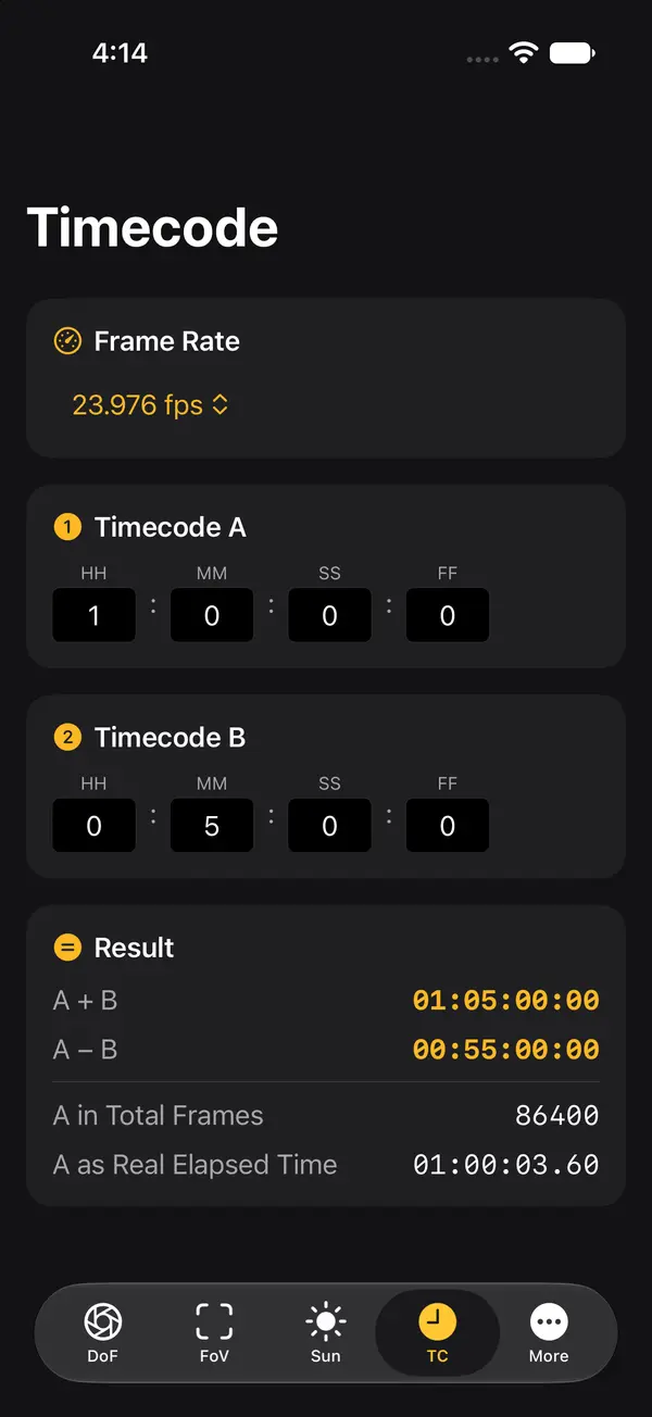 Timecode calculator with drop-frame support