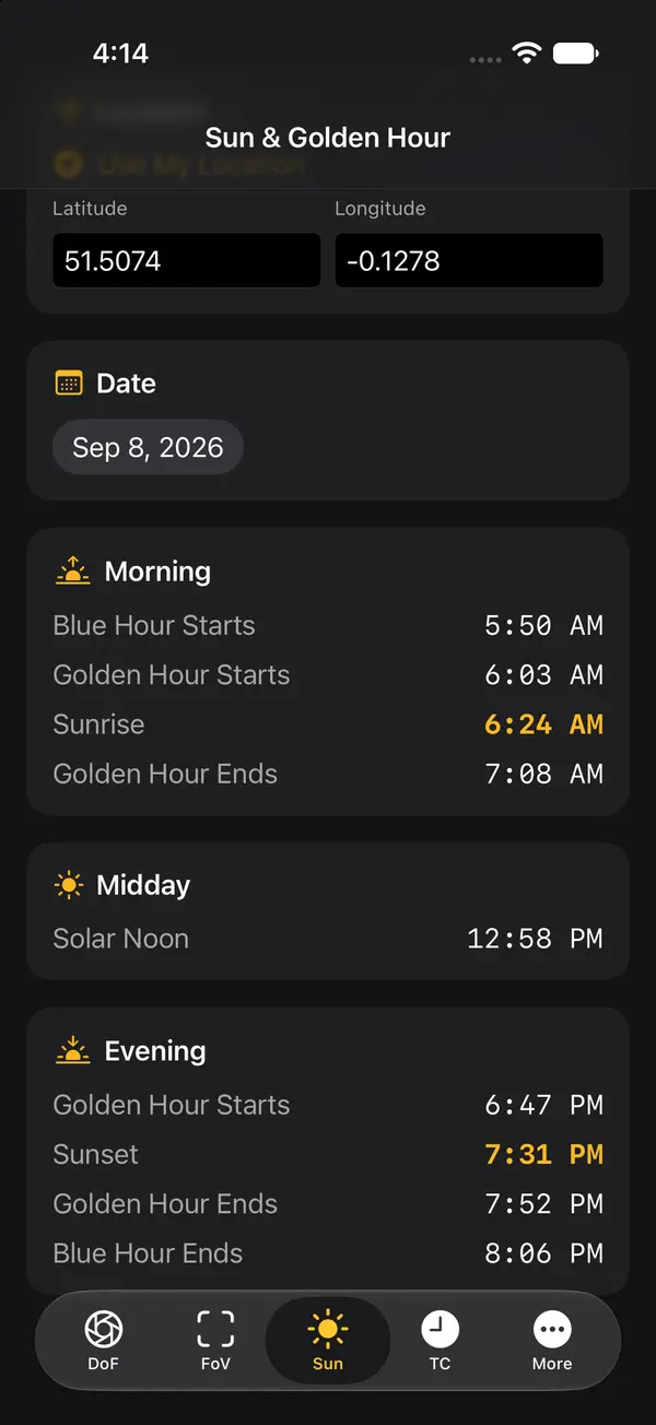 Sun and golden hour calculator for a chosen location and date