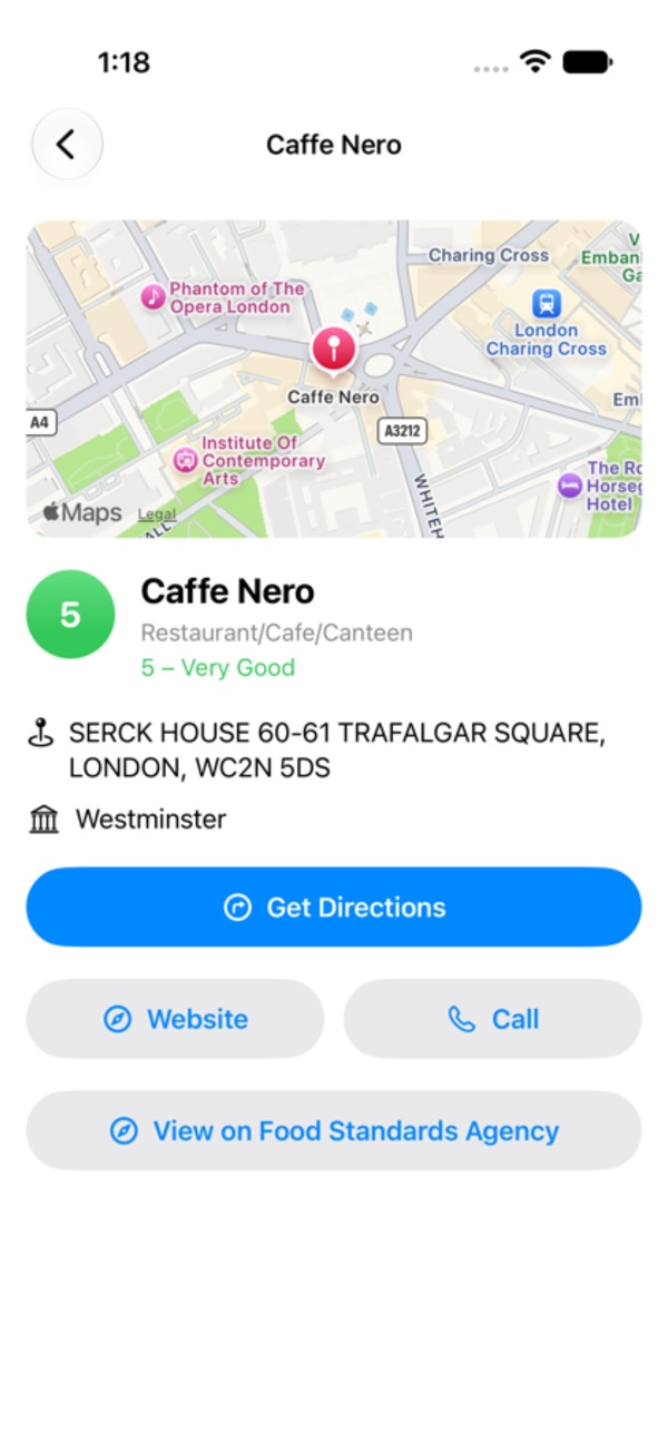 Caffe Nero on Trafalgar Square, rated 5, Very Good, with a map and buttons for directions, website, call and the FSA record