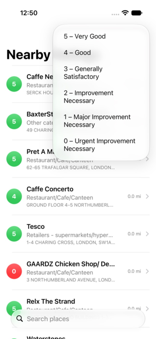 The rating filter, listing every score from 5, Very Good, to 0, Urgent Improvement Necessary
