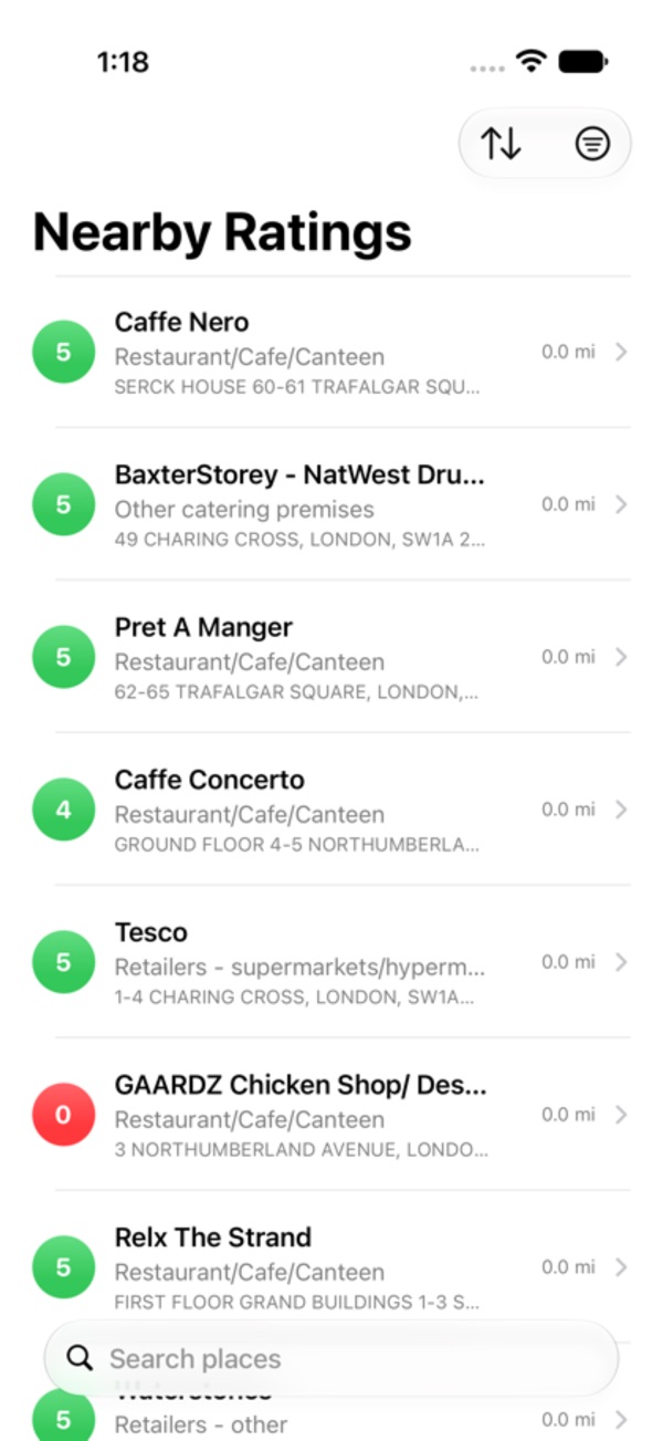 The Nearby Ratings list, showing cafes, a supermarket and a chicken shop near Trafalgar Square with ratings from 0 to 5