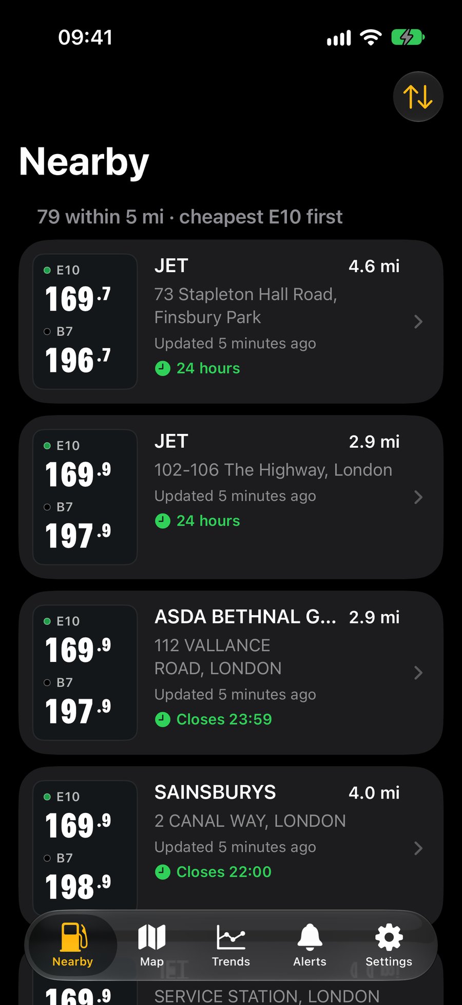 The Nearby list in dark mode