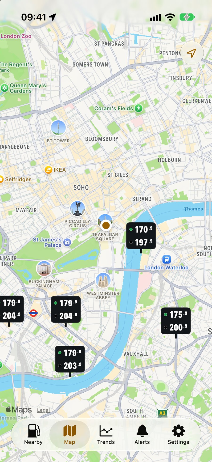 The Fuel Prices map of central London with price signs on each forecourt
