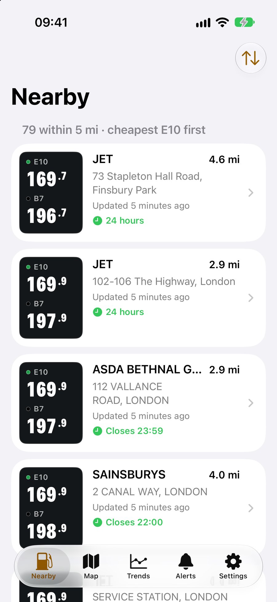 Fuel Prices' Nearby list, showing forecourts around London with unleaded and diesel prices, cheapest first