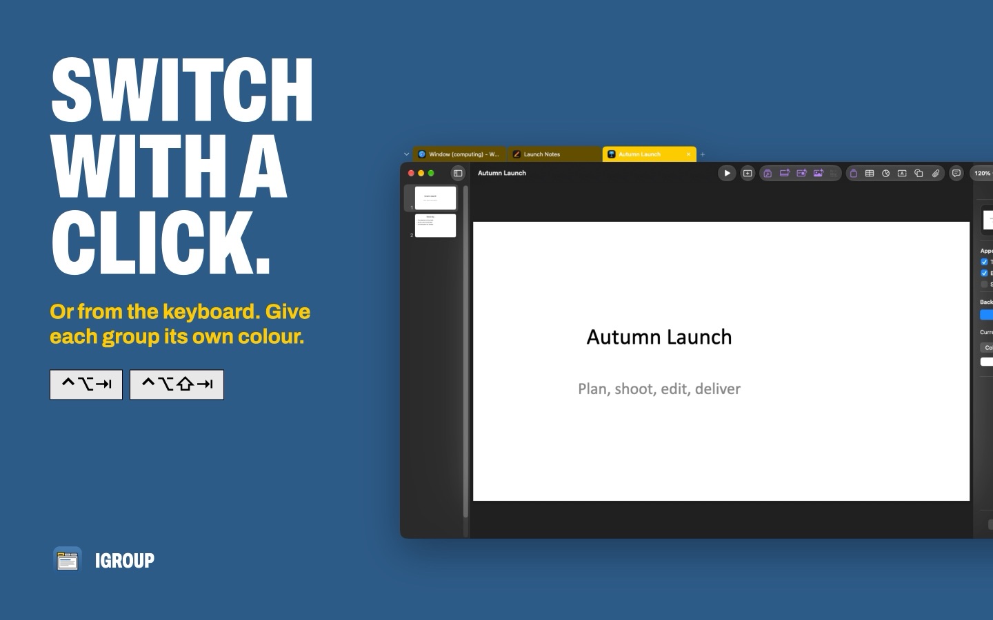 The Keynote tab in front, with a yellow group accent on the tab bar
