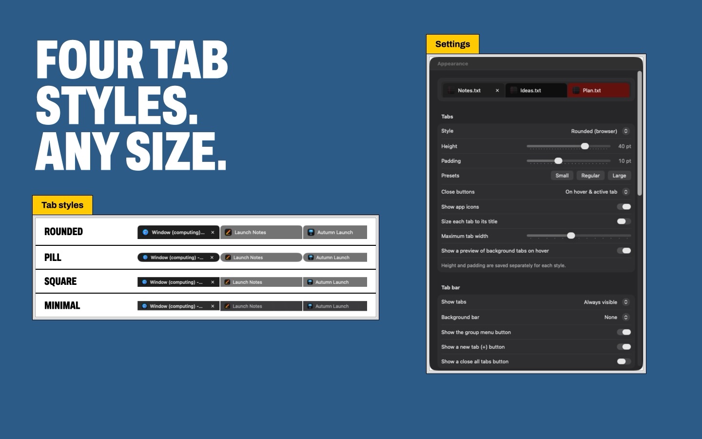 The four tab styles, Rounded, Pill, Square and Minimal, next to iGroup's Appearance settings