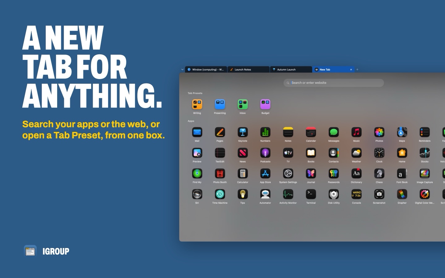 iGroup's New Tab Page: a search box above a row of Tab Presets and a grid of apps, in a new tab of a group with Safari, Pages and Keynote