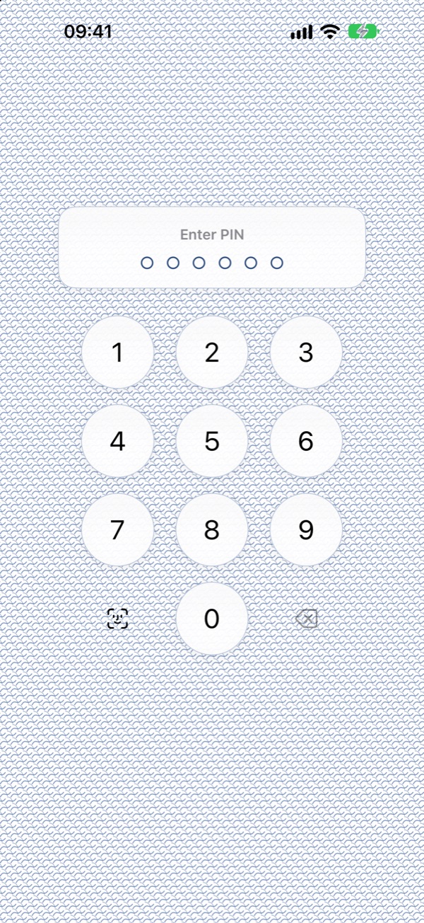 Keep's PIN screen, with a Face ID button beside the keypad