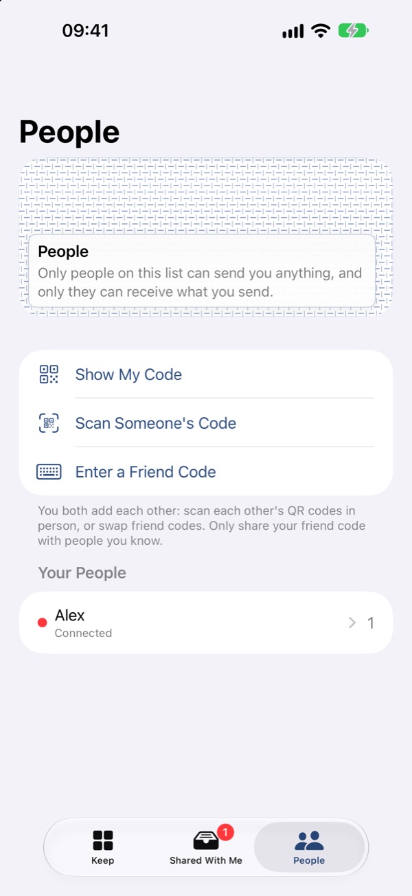 The People screen, with options to show your code, scan someone's code or enter a friend code