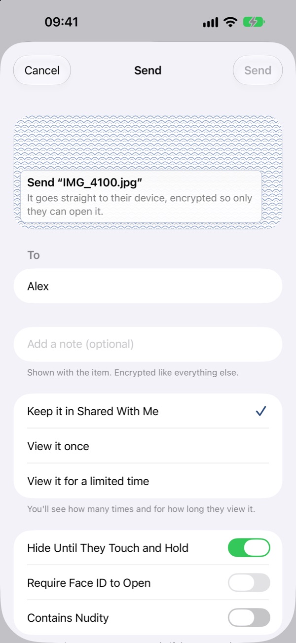 The Send screen, with options to keep it, view it once or view it for a limited time