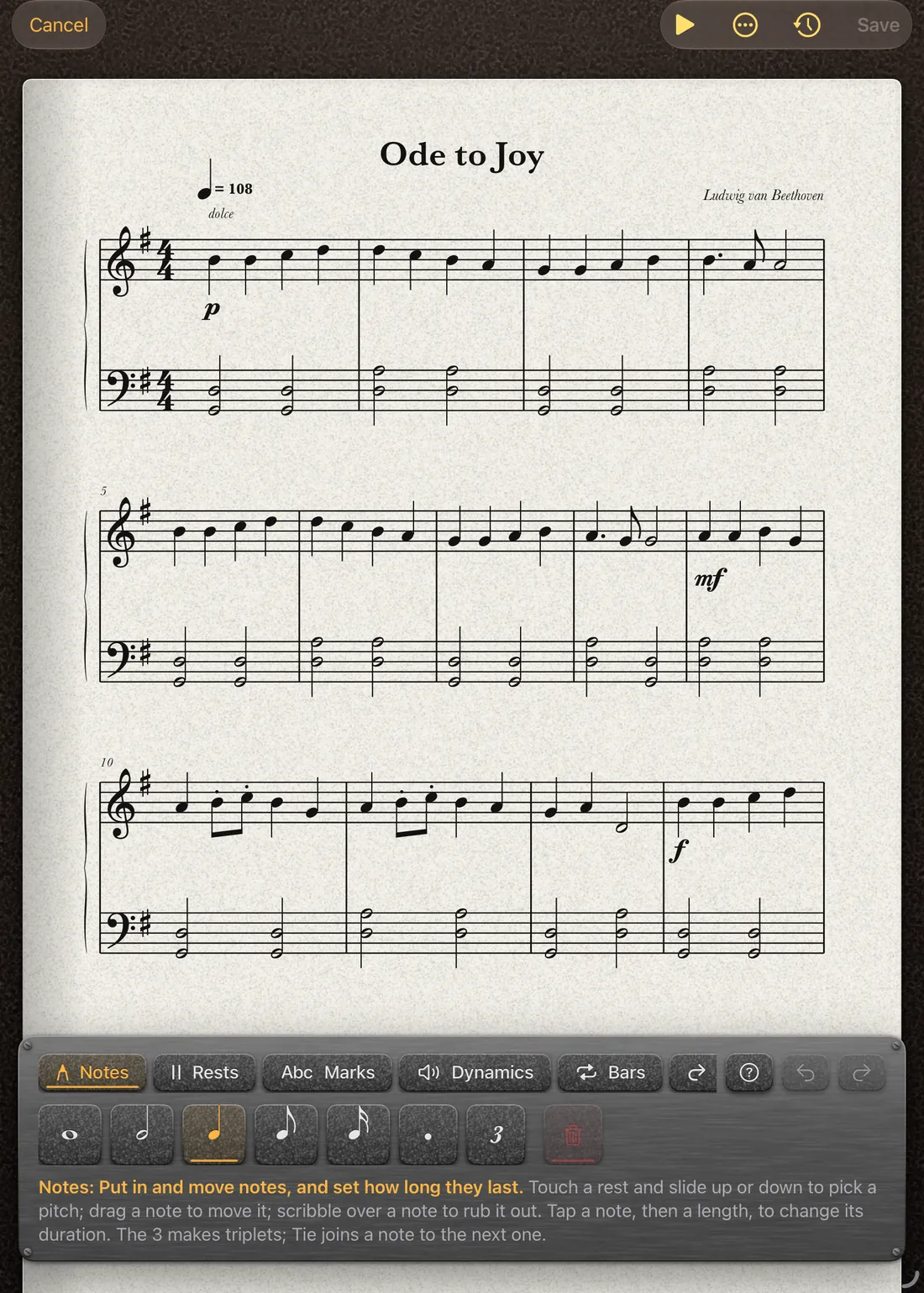 The score editor with the notes toolbar open at the bottom of the page.