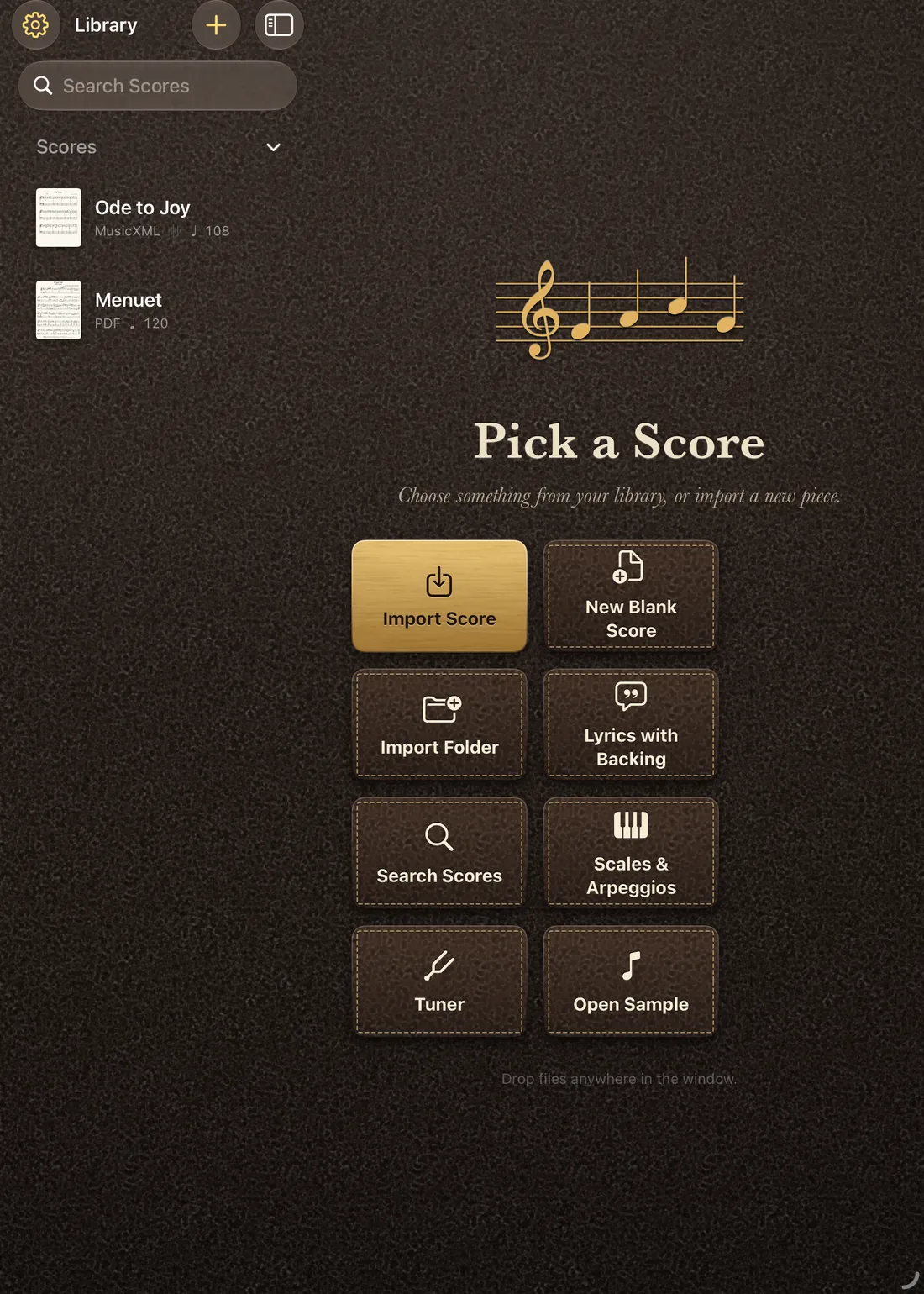 The Maestro Pro home screen with Import Score, Search Scores, Scales and Arpeggios and Tuner.