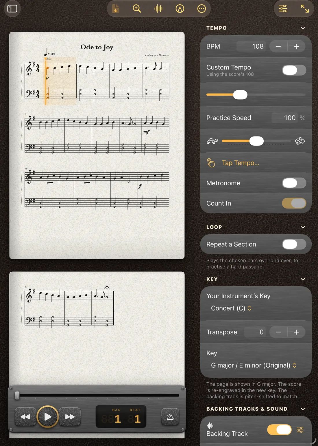 The inspector open beside the score, with tempo, practice speed, loop, key and transposition controls.