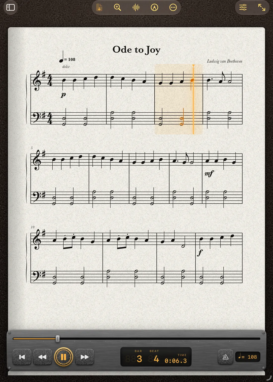 Maestro Pro playing Ode to Joy: the current bar glows amber, the notes light as they sound, and the transport bar shows bar 3, beat 4.