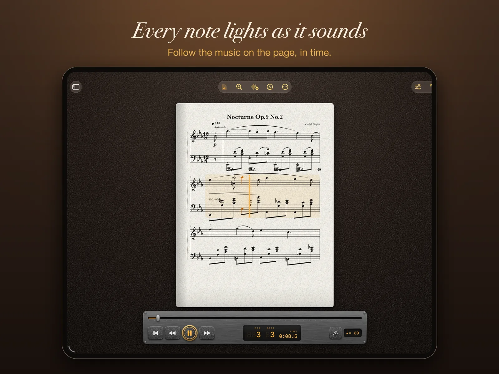 Maestro Pro playing Nocturne Op. 9 No. 2 with the current notes lit on the page.