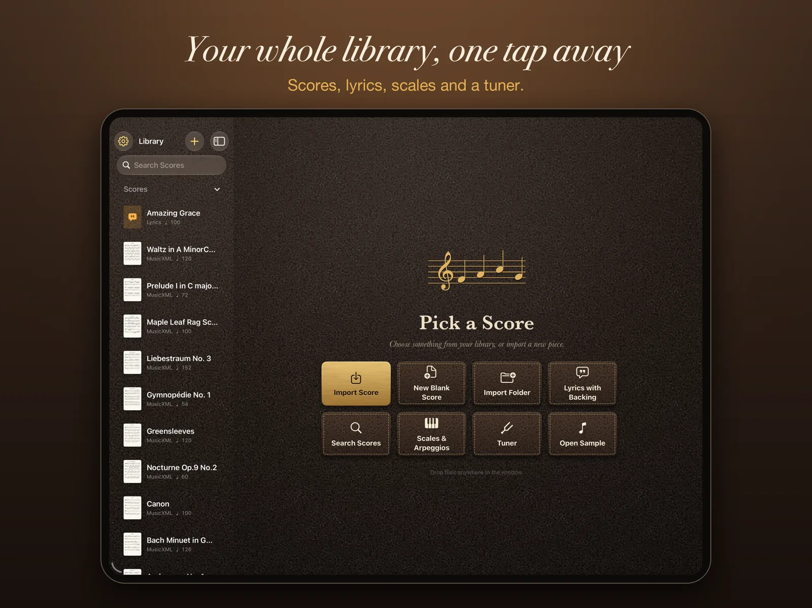 The Maestro Pro library with a list of scores and the Import, Search, Scales and Tuner tiles.
