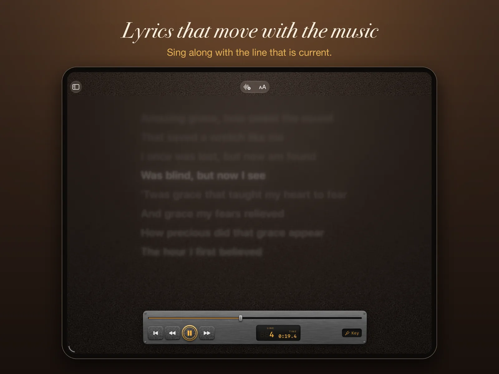 Lyrics on iPad with the current line in focus and a transport bar.