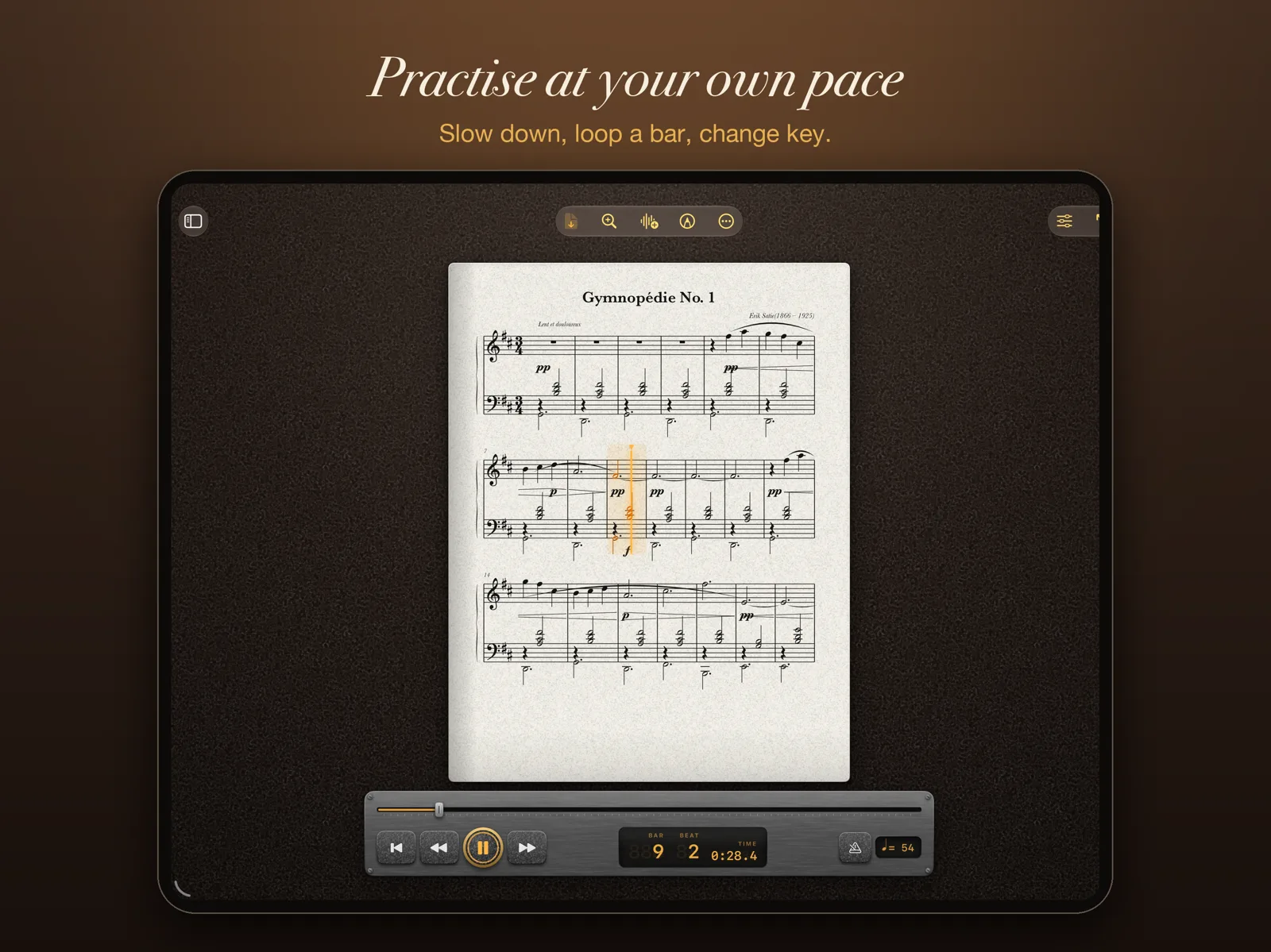 Practising Gymnopédie No. 1 at a slower tempo.