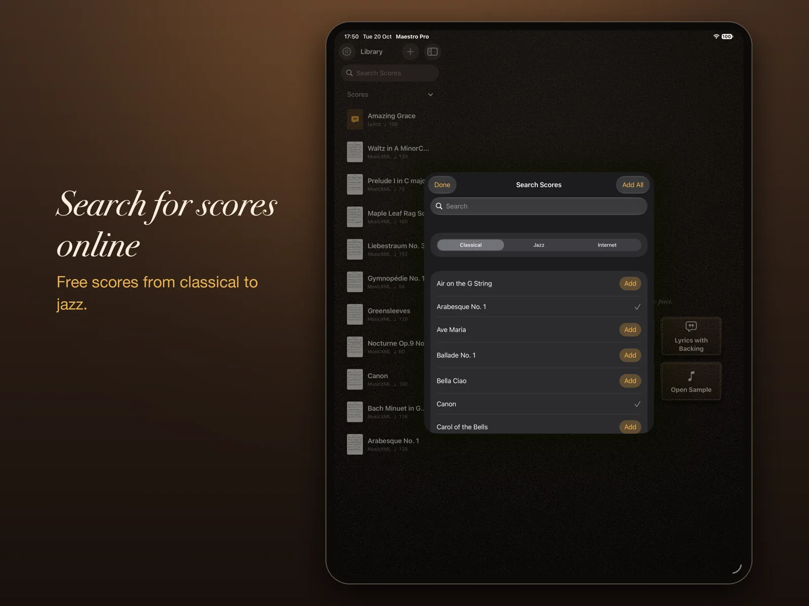 Search Scores, with Classical, Jazz and Internet tabs.