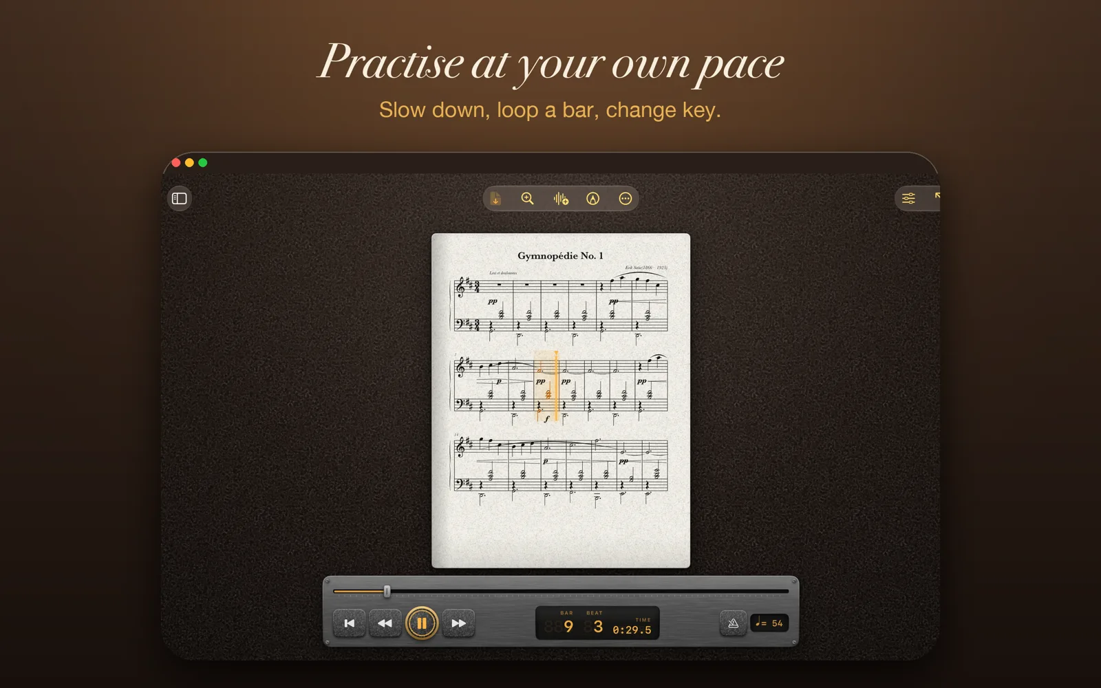 Practising Gymnopédie No. 1 on a Mac.