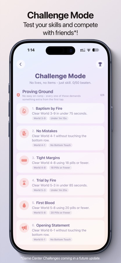 Challenge Mode list, showing named challenges with pass conditions