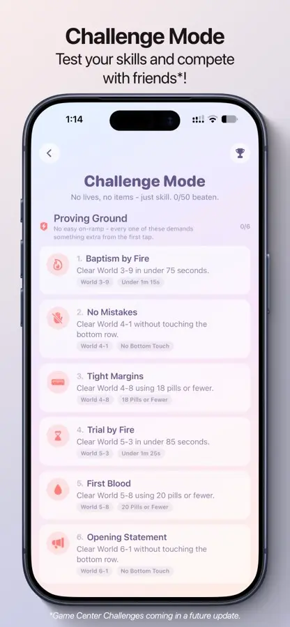 Challenge Mode list, showing named challenges with pass conditions