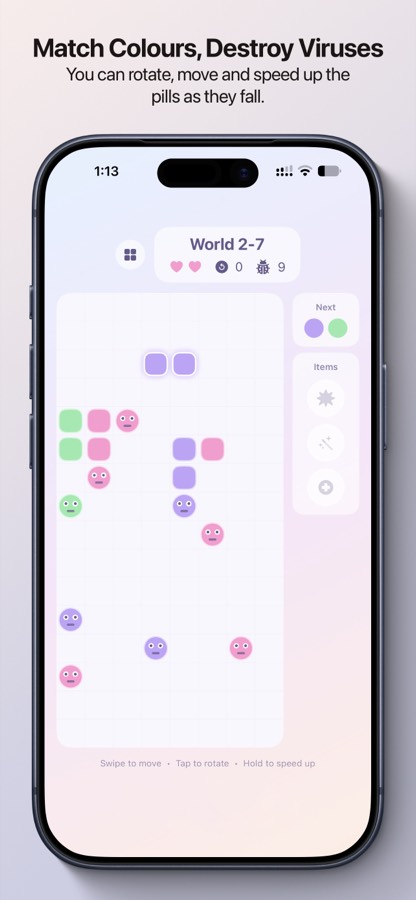 Gameplay screen mid-level, matching coloured pills against viruses