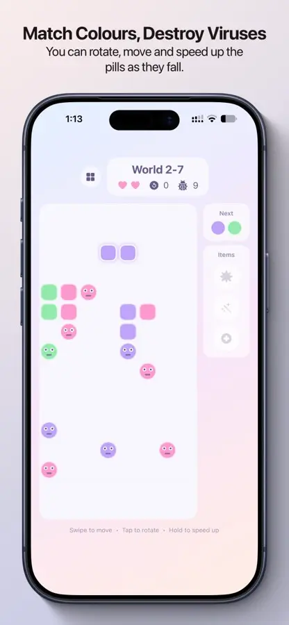 Gameplay screen mid-level, matching coloured pills against viruses