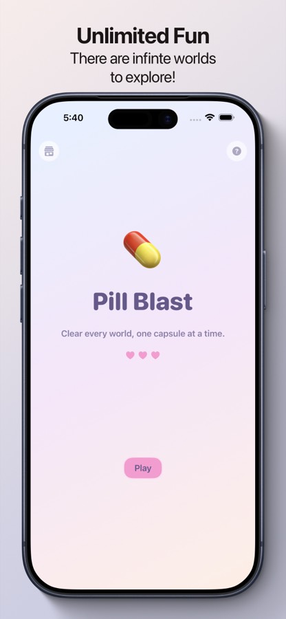 Pill Blast home screen, showing the app title, a pastel pill icon and a Play button