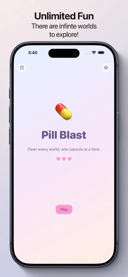 Pill Blast home screen, showing the app title, a pastel pill icon and a Play button