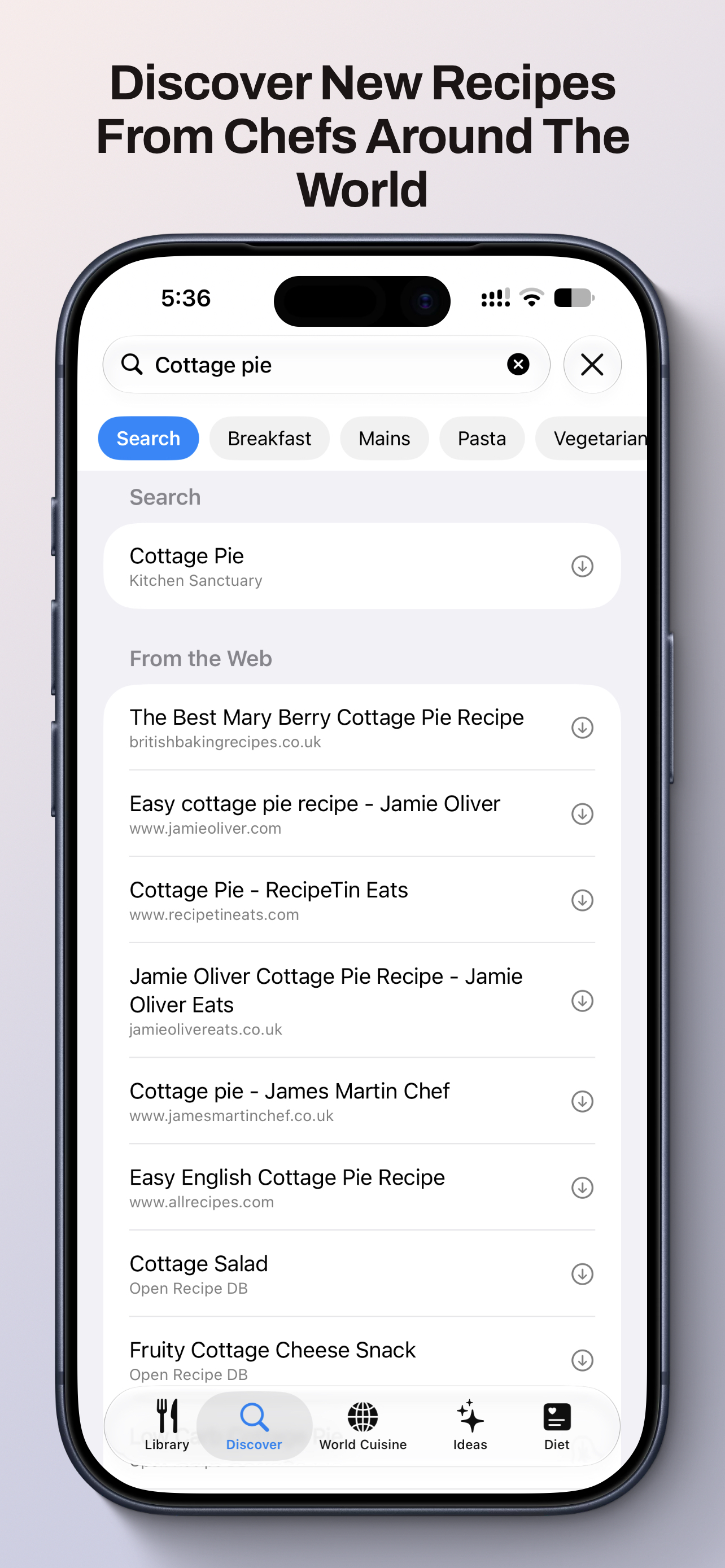 Discover screen listing recipes from creators like Jamie Oliver and Budget Bytes