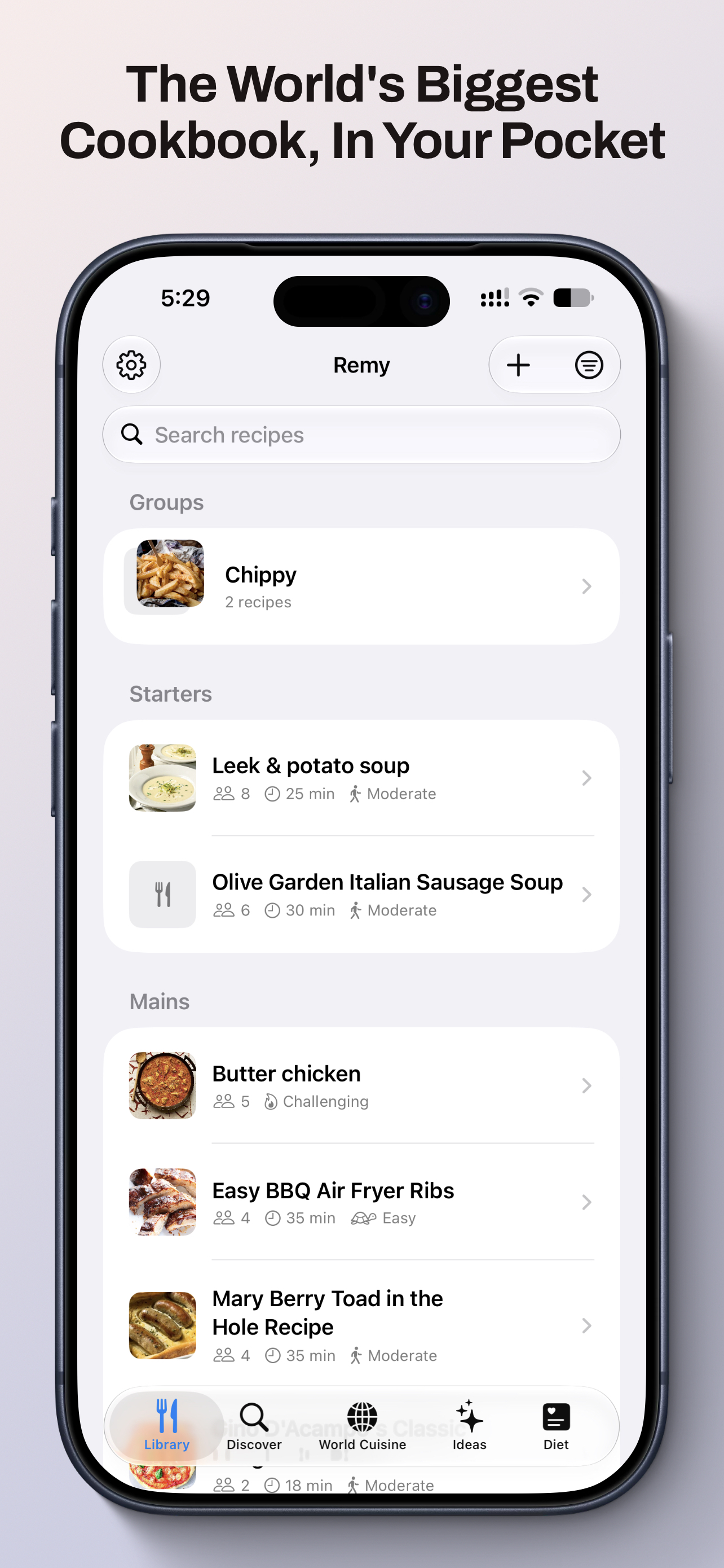 Remy library screen, showing saved recipes grouped by Starters and Mains
