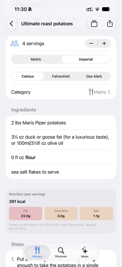 Recipe screen showing metric/imperial and Celsius/Fahrenheit/gas mark toggles, plus a nutrition traffic-light panel