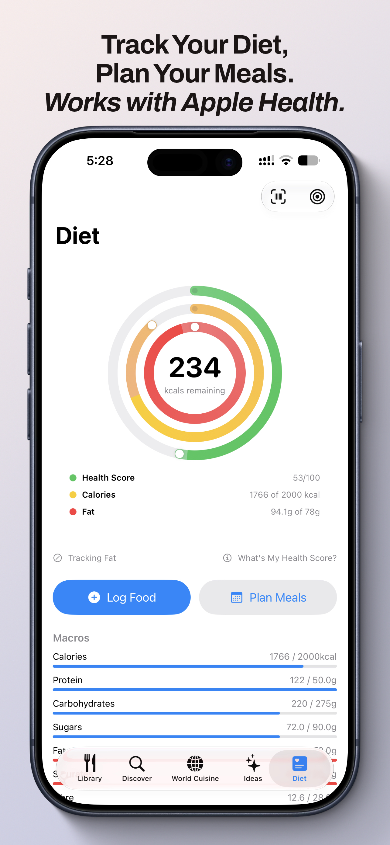 Diet screen with calorie and macro rings, plus daily macro progress bars