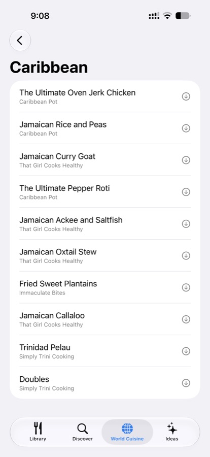 World Cuisine screen showing a list of Caribbean recipes