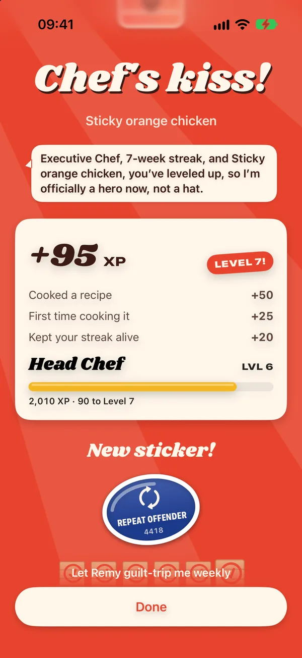 The Chef's kiss celebration after finishing a recipe: +95 XP, a level up and a new Repeat Offender sticker