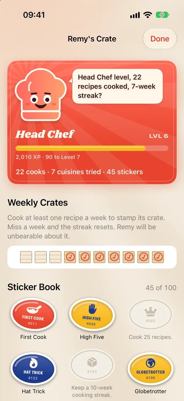 Remy's Crate: level progress, weekly crate stamps and the sticker book, 45 of 100 stickers collected
