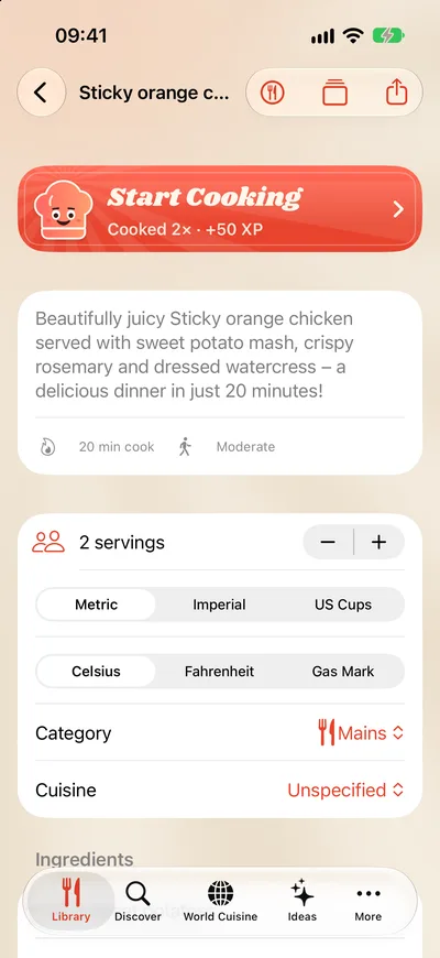 A recipe with Start Cooking, servings, units and oven settings